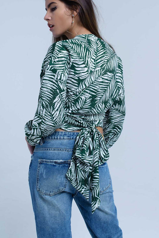 Green leaf print blouse with plunge neck - Blouses