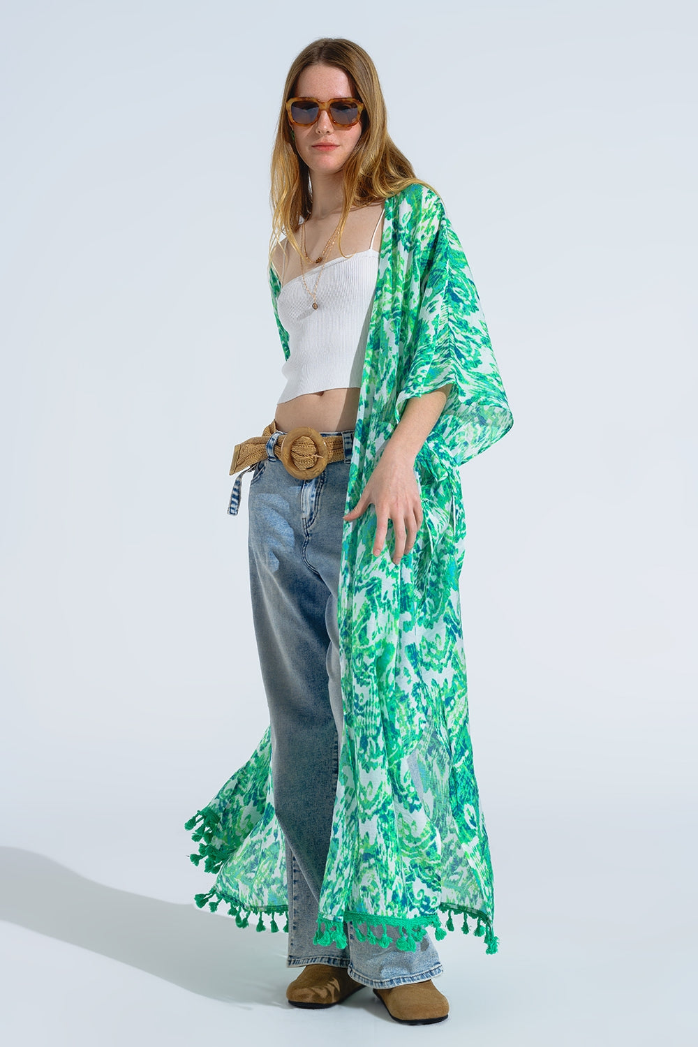 Green Long Kimono With Drawstring Closing in Tribal Print Q2 Dresses BoutiqueLua