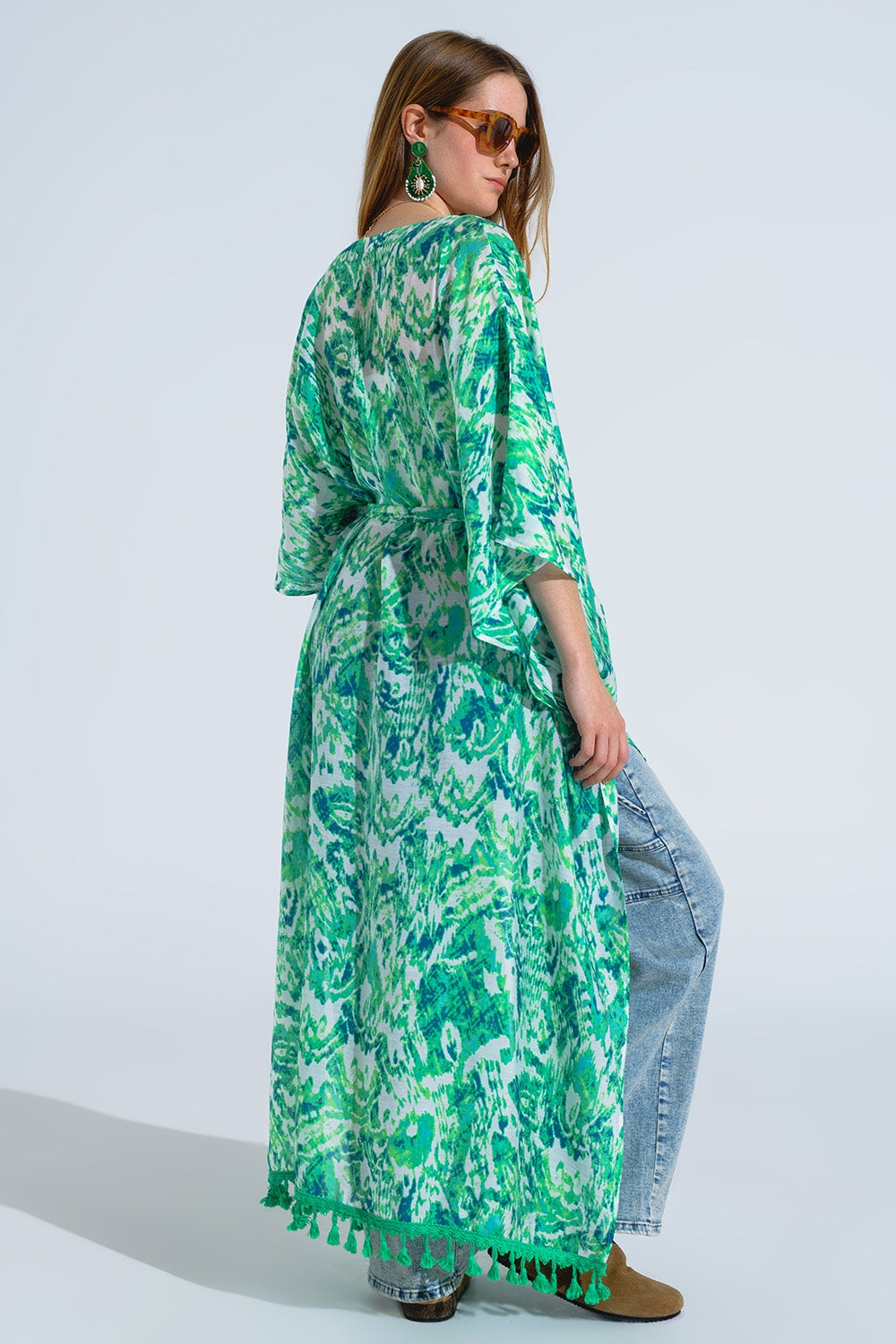 Green Long Kimono With Drawstring Closing in Tribal Print Q2 Dresses BoutiqueLua