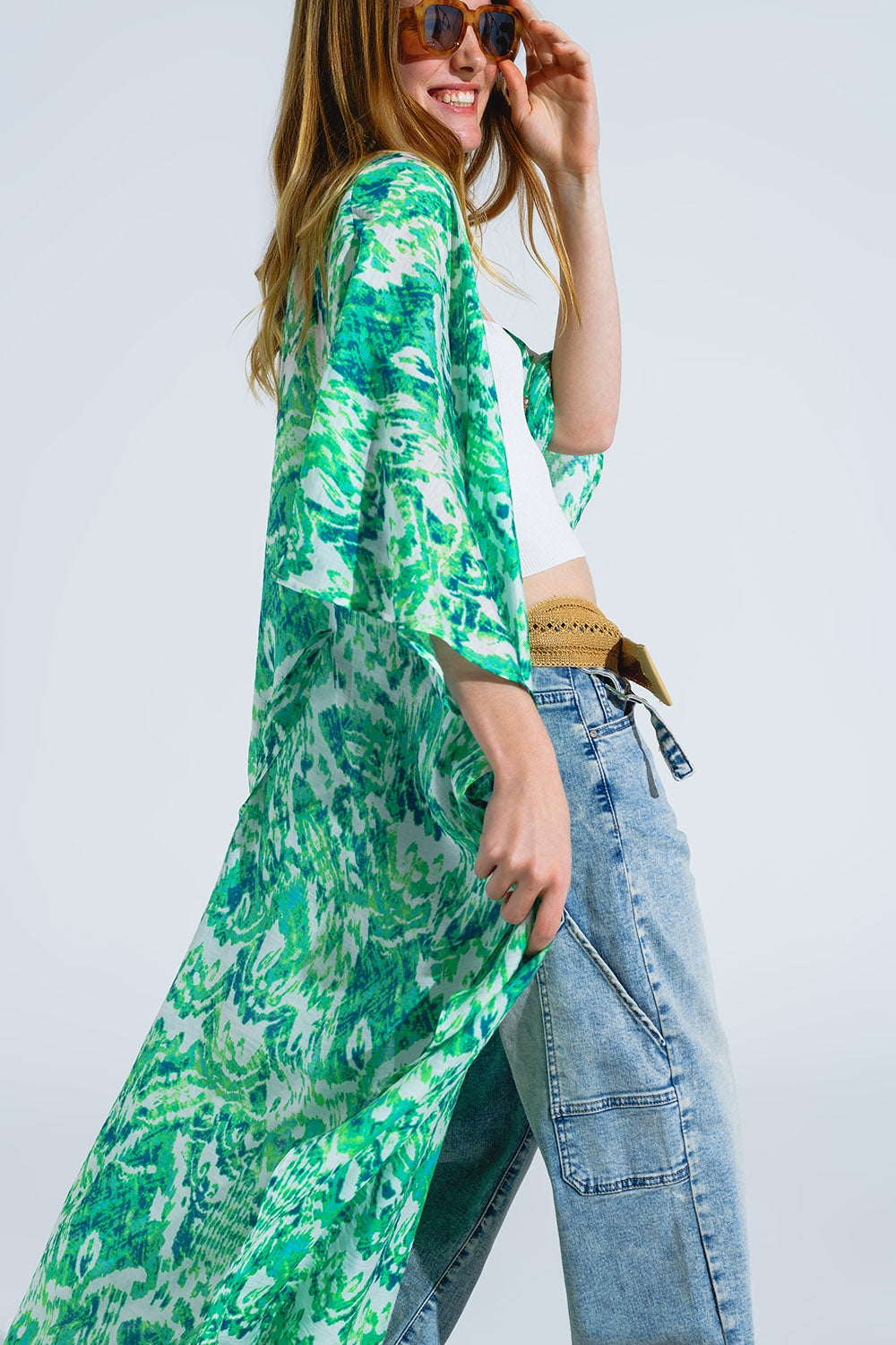 Green Long Kimono With Drawstring Closing in Tribal Print Q2 Dresses BoutiqueLua