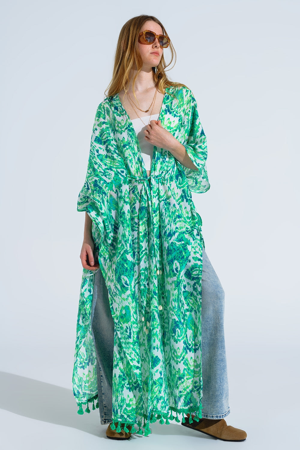 Green Long Kimono With Drawstring Closing in Tribal Print Q2 Dresses BoutiqueLua