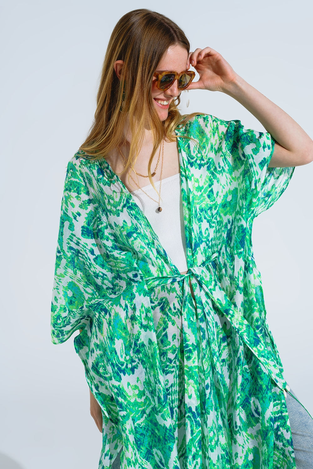 Green Long Kimono With Drawstring Closing in Tribal Print Q2 Dresses BoutiqueLua