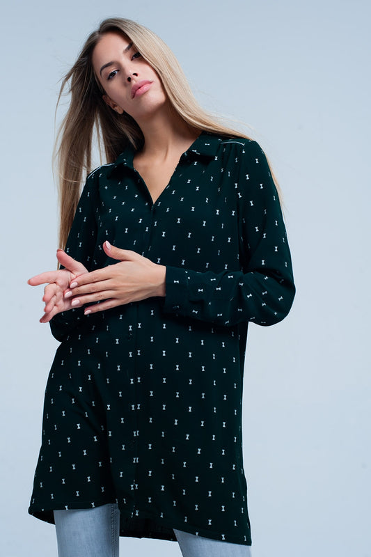 Green longline shirt with silver ribbon pattern - Shirts