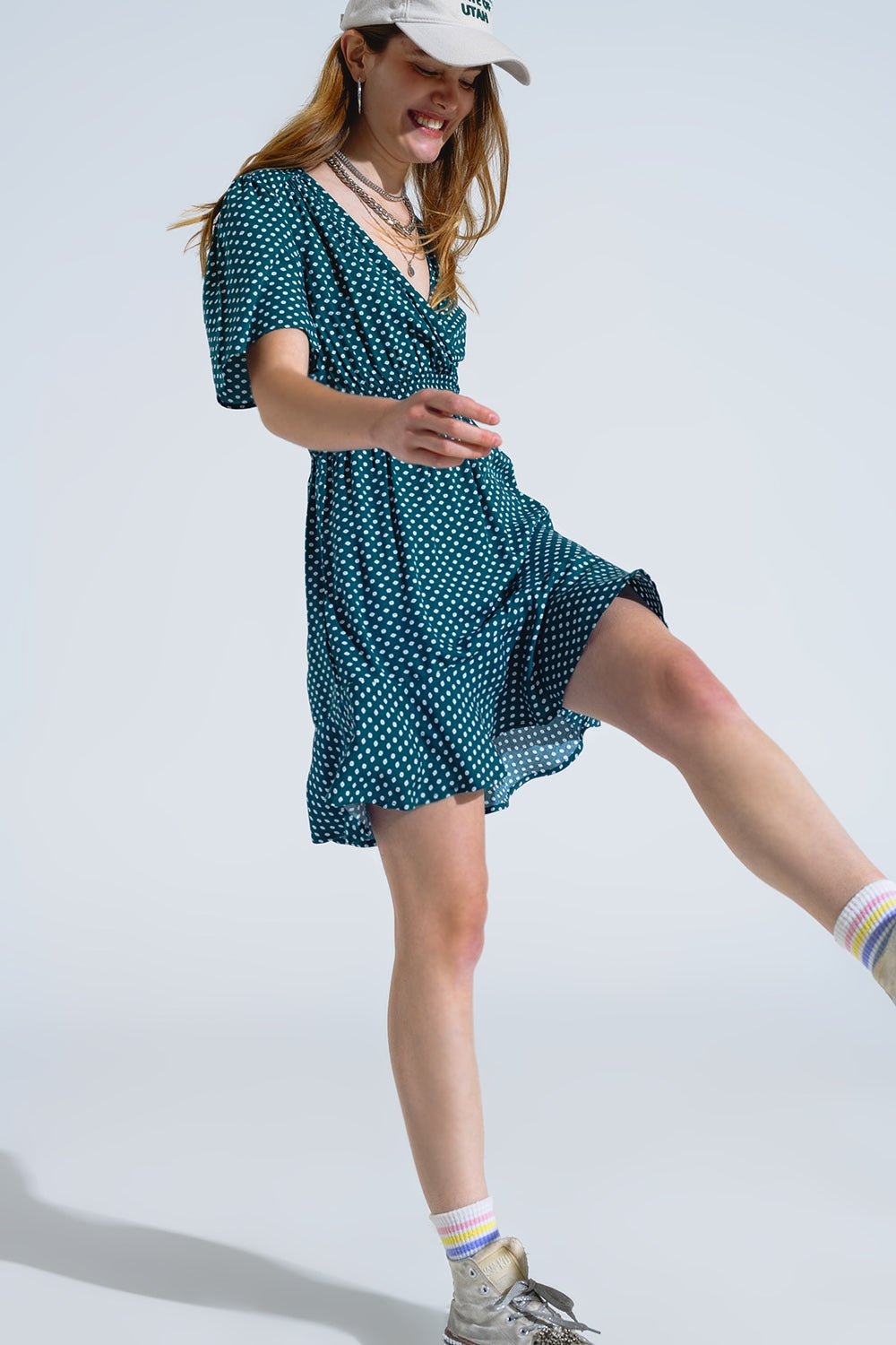 Green Mini Dress With Wrap Front Cinched Waist And Floral Print Q2 Dresses BoutiqueLua