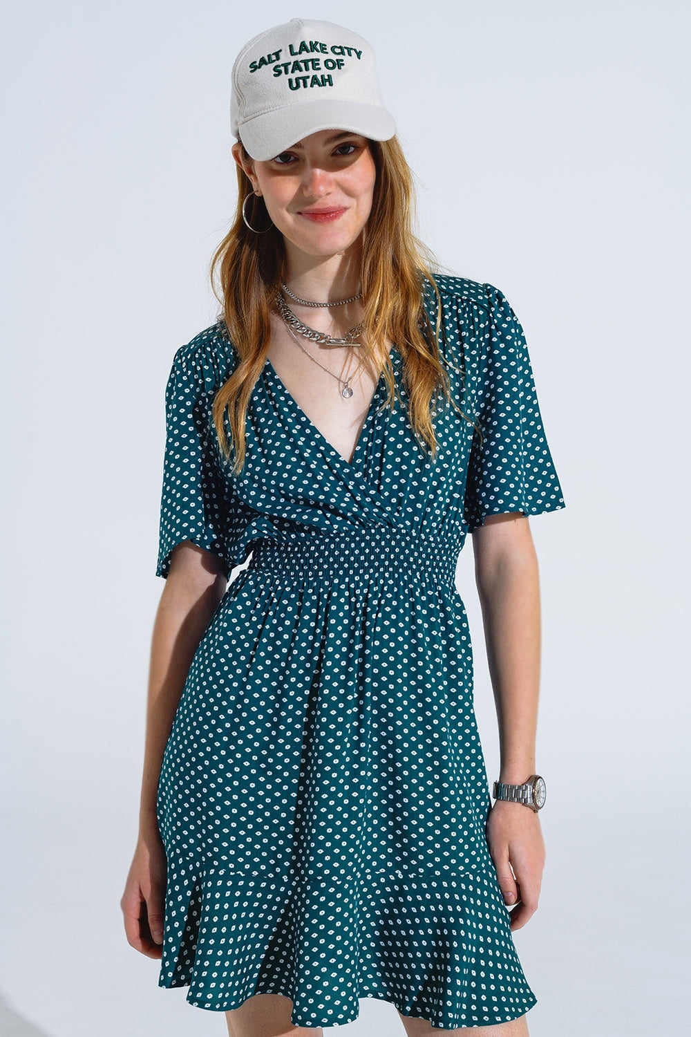 Green Mini Dress With Wrap Front Cinched Waist And Floral Print Q2 Dresses BoutiqueLua