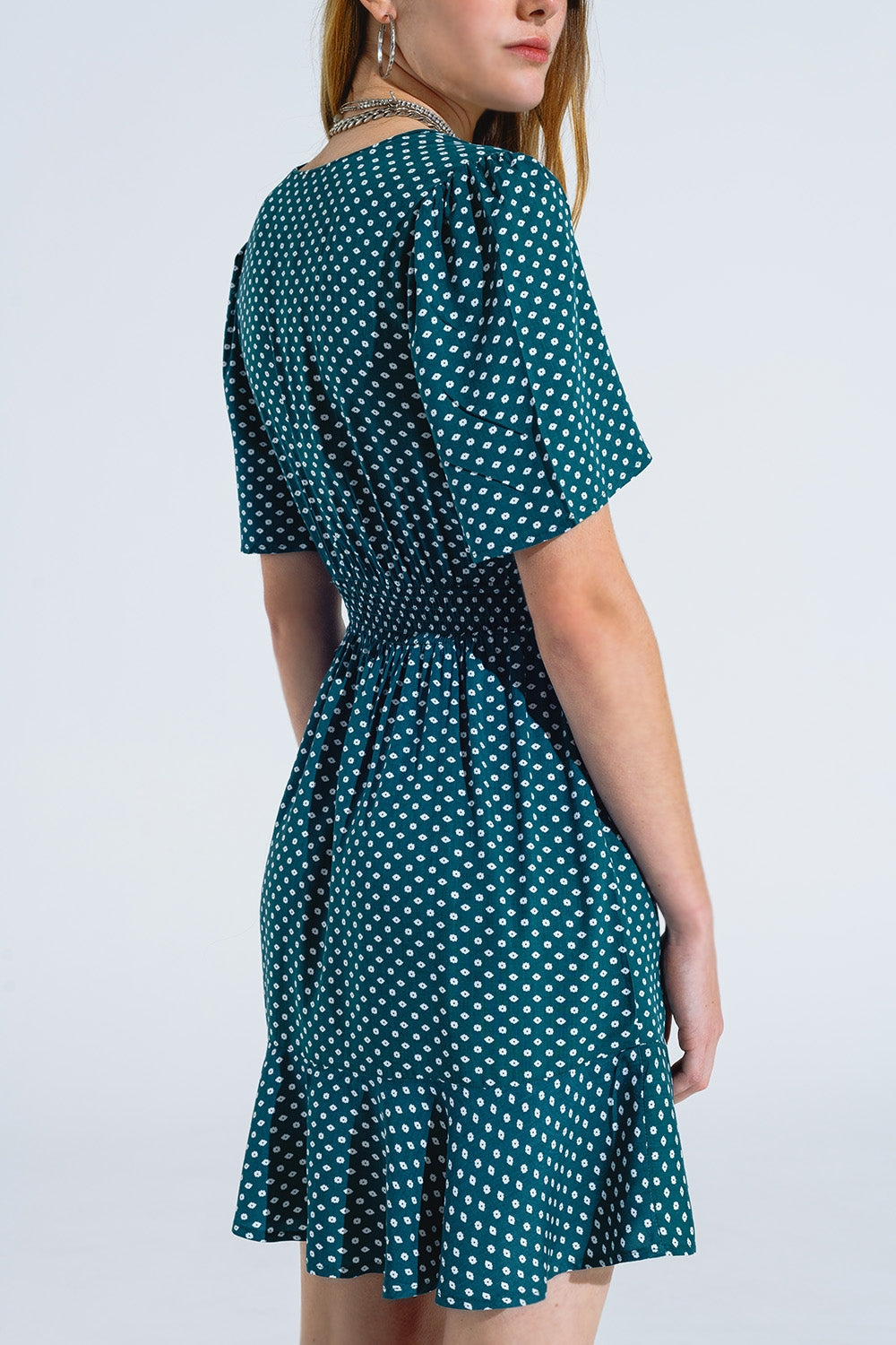 Green Mini Dress With Wrap Front Cinched Waist And Floral Print Q2 Dresses BoutiqueLua