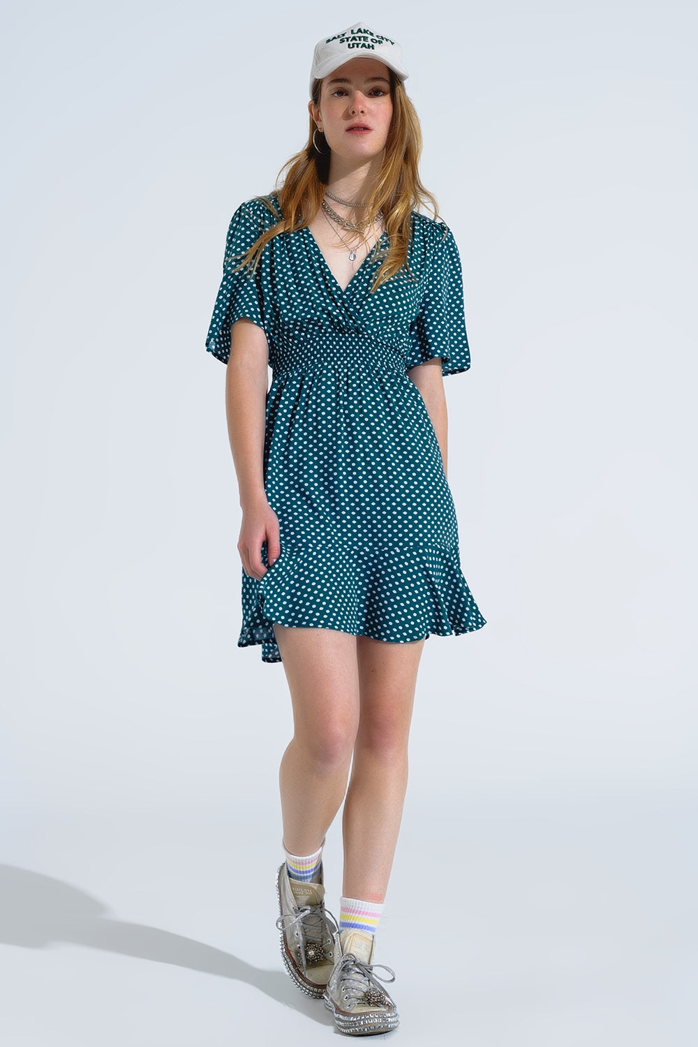 Green Mini Dress With Wrap Front Cinched Waist And Floral Print Q2 Dresses BoutiqueLua