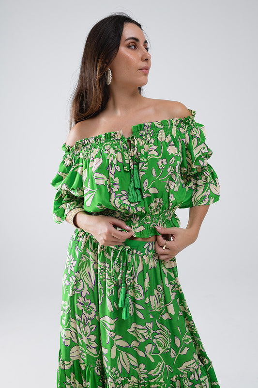 Green Off The Shoulder Top With Elastic Waist in Floral Print - Tops
