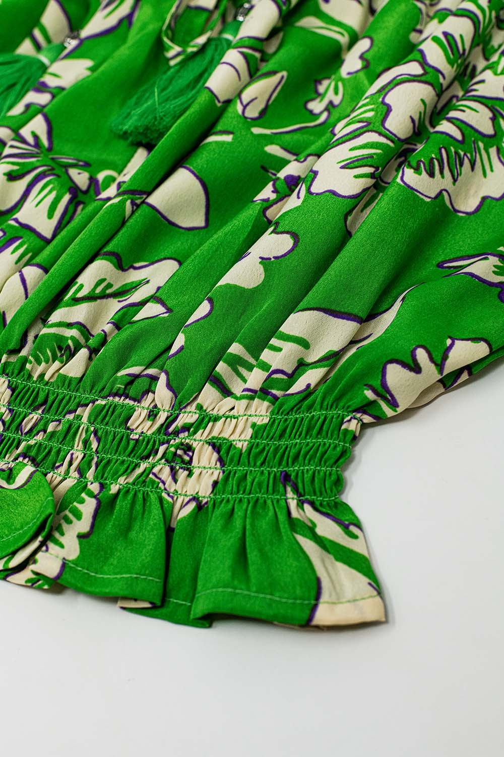 Green Off The Shoulder Top With Elastic Waist in Floral Print - Tops