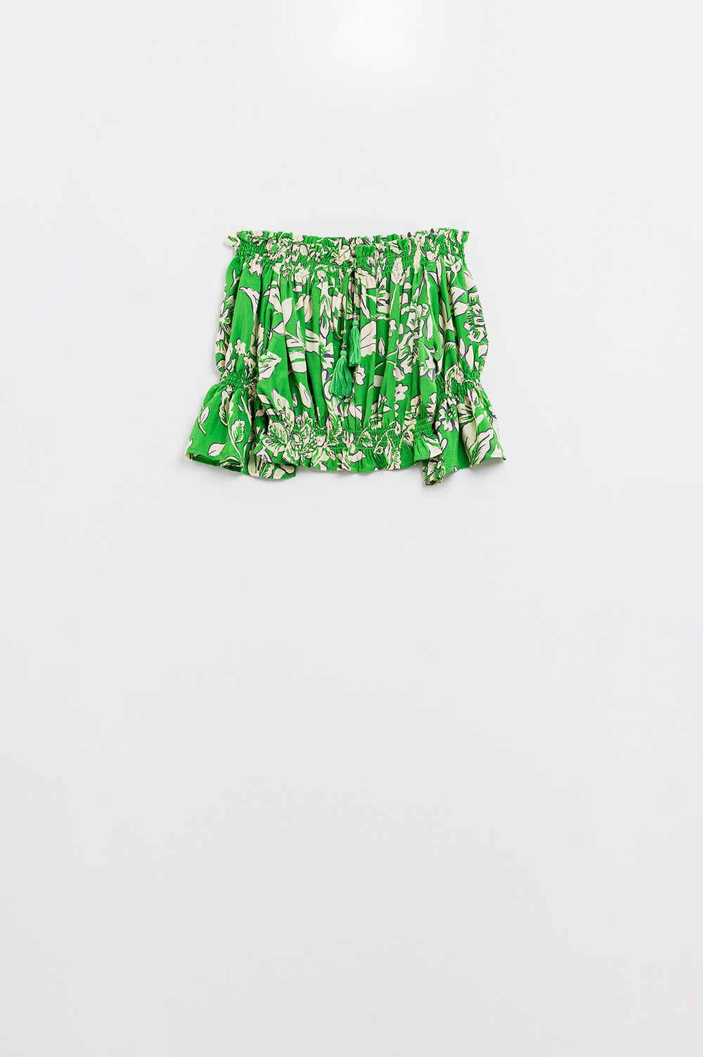 Green Off The Shoulder Top With Elastic Waist in Floral Print - Tops