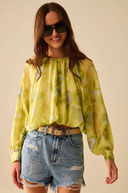 green printed chiffon blouse with balloon sleeves - Blouses