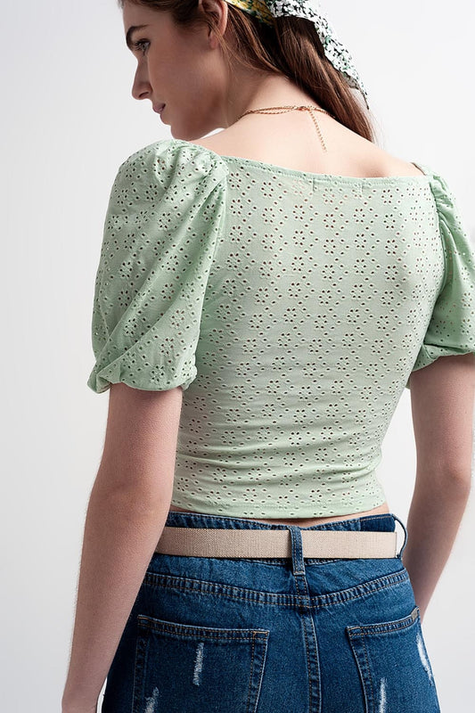 Green short top in batiste fabric with puffed sleeves - Tops
