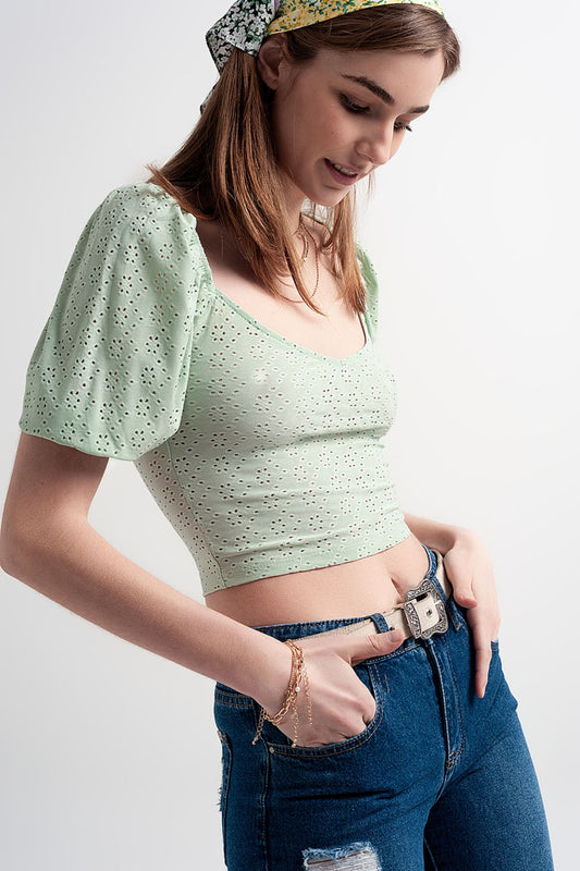 Green short top in batiste fabric with puffed sleeves - Tops