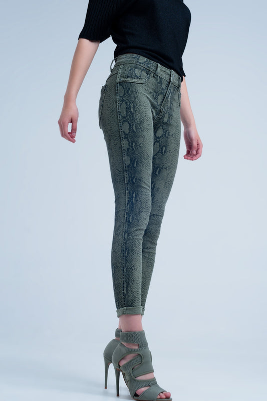 Green skinny reversible jeans with snake print - Jeans