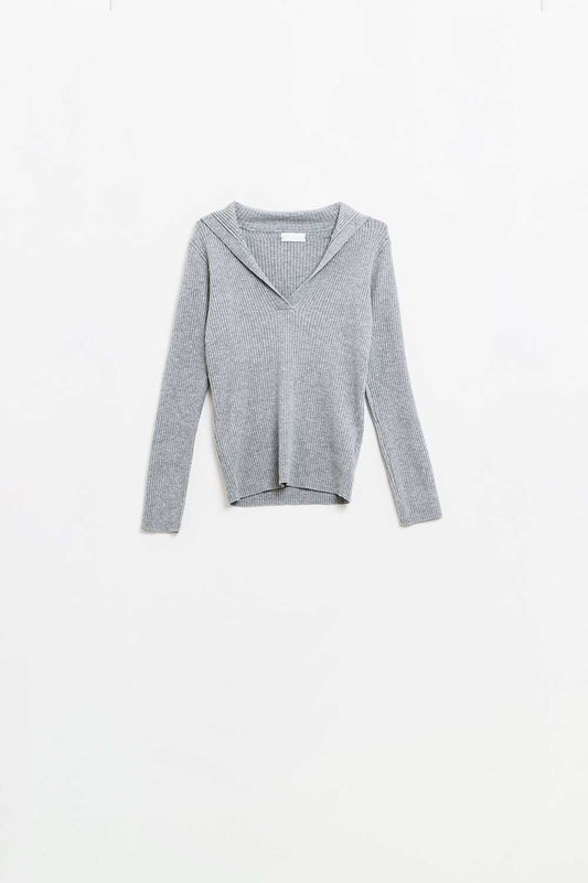 Q2 Grey Collared Rib sweater With Long Sleeves