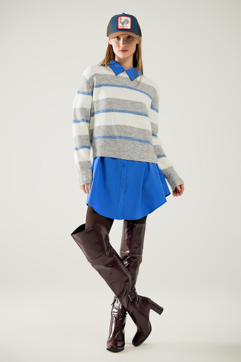 Grey jersey with ecru and blue stripes - Jumpers