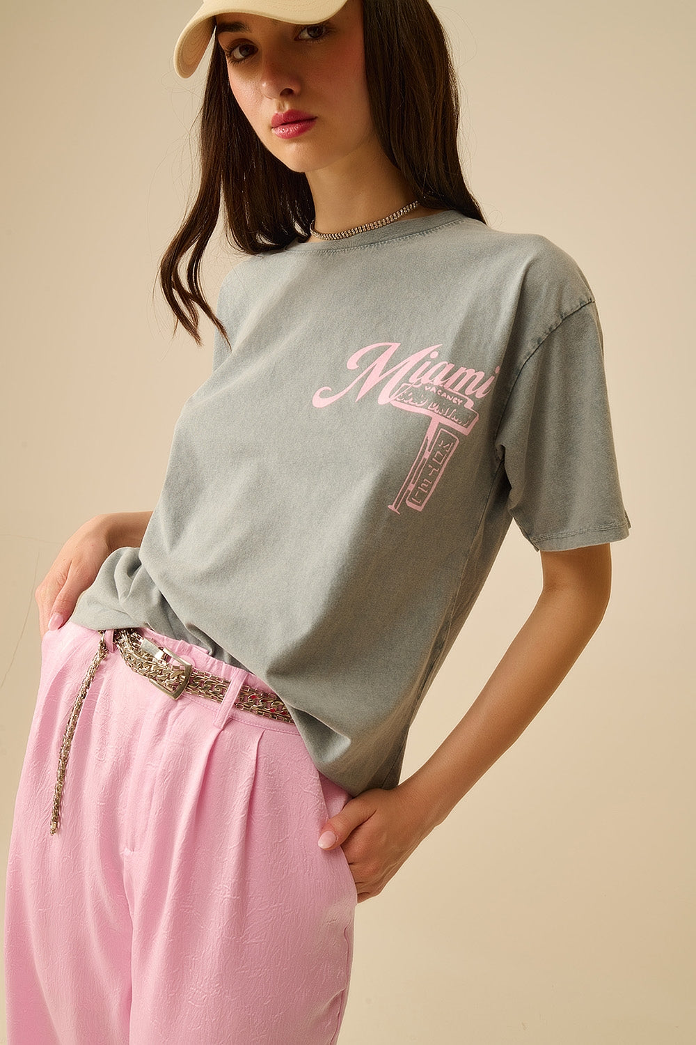 grey T-shirt with Miami logo print in pink - T-Shirts