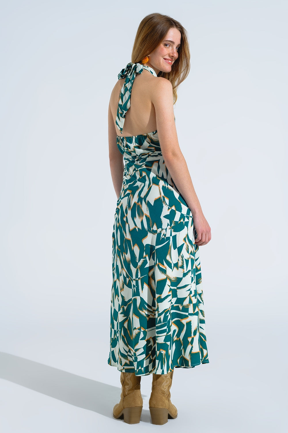 Halter Midi Dress with Cinched Waist In Abstract Green and White Print Q2 Dresses BoutiqueLua