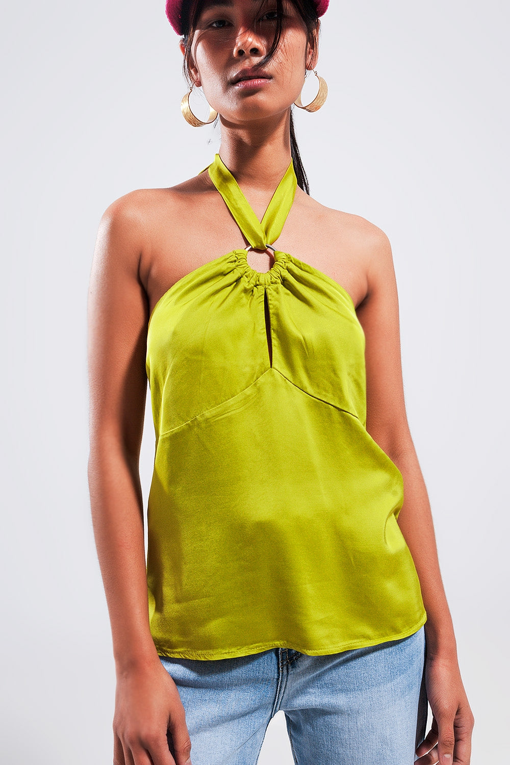 Halter neck crop top with ring detail in lime - Tops