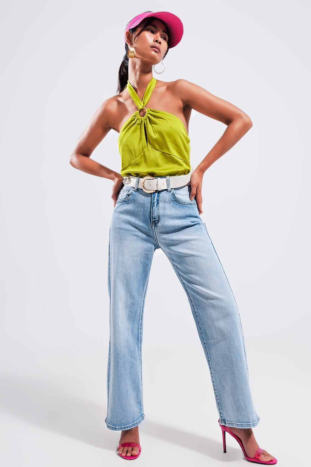Halter neck crop top with ring detail in lime - Tops