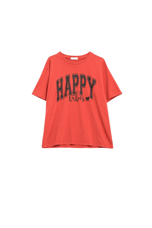 Happy Vibes Graphic Relaxed T-Shirt in red color - Tops