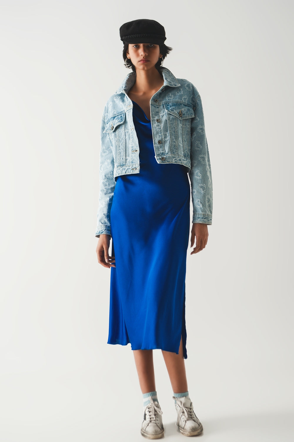 heart embellished oversized denim jacket in light wash - Jackets