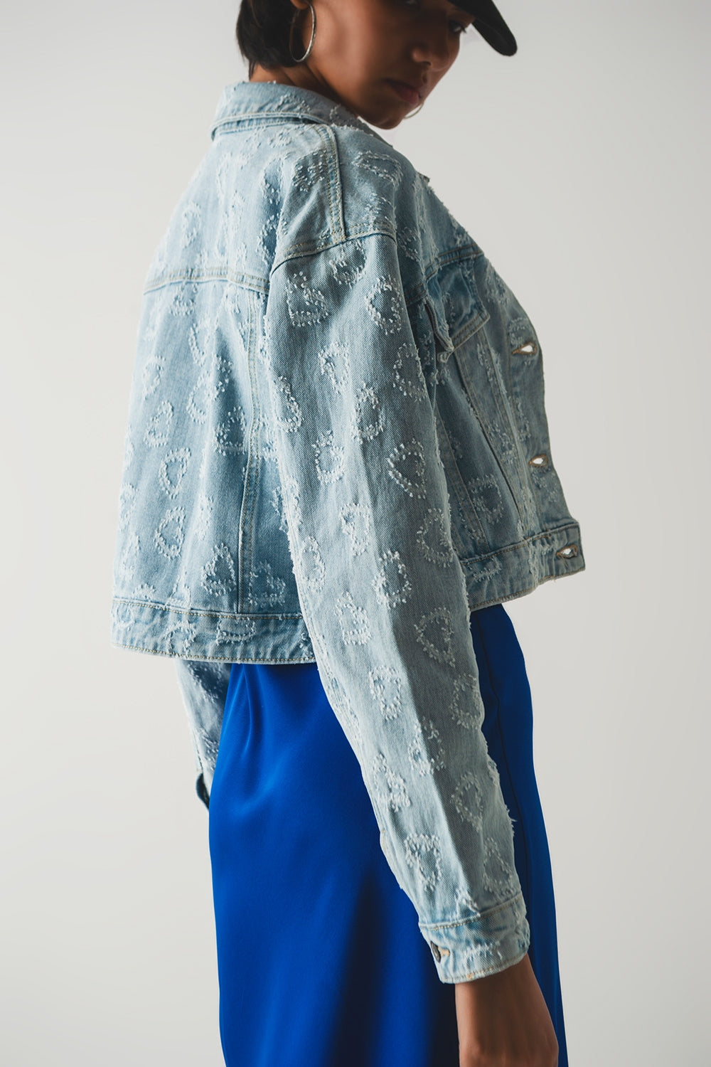 heart embellished oversized denim jacket in light wash - Jackets