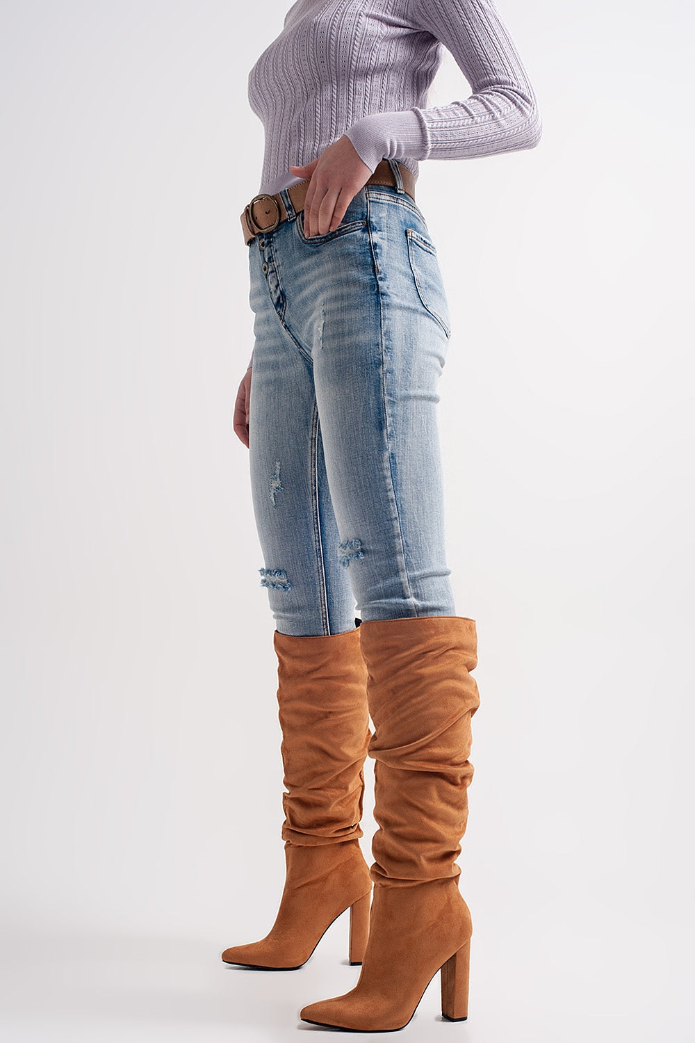 Heather skinny leg distressed jeans with button detail in light blue Q2 Jeans BoutiqueLua