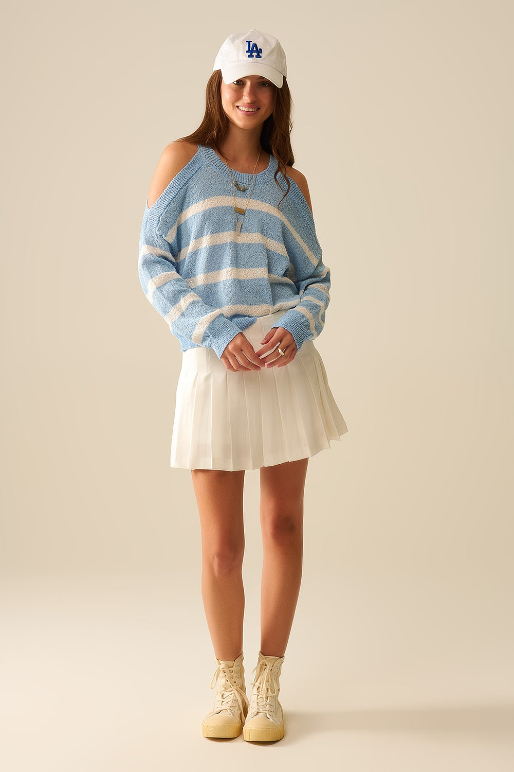 Heather Sweater With Open Shoulders and Horizontal Stripes in Blue - Jumpers