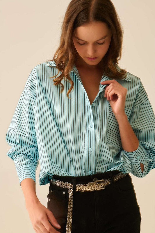 High-Low Oversized Striped Shirt With Chest Pocket in Black and Blue - Shirts