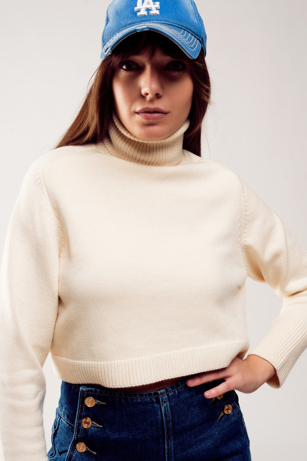 High neck cropped jumper in cream Q2 Sweaters BoutiqueLua