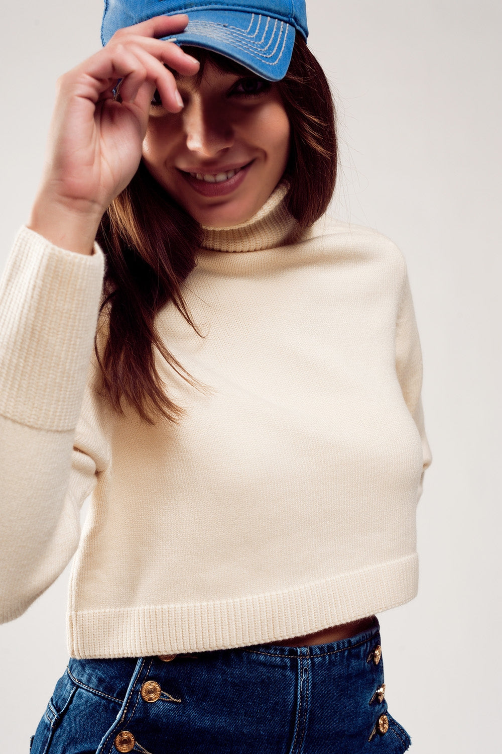 High neck cropped jumper in cream Q2 Sweaters BoutiqueLua