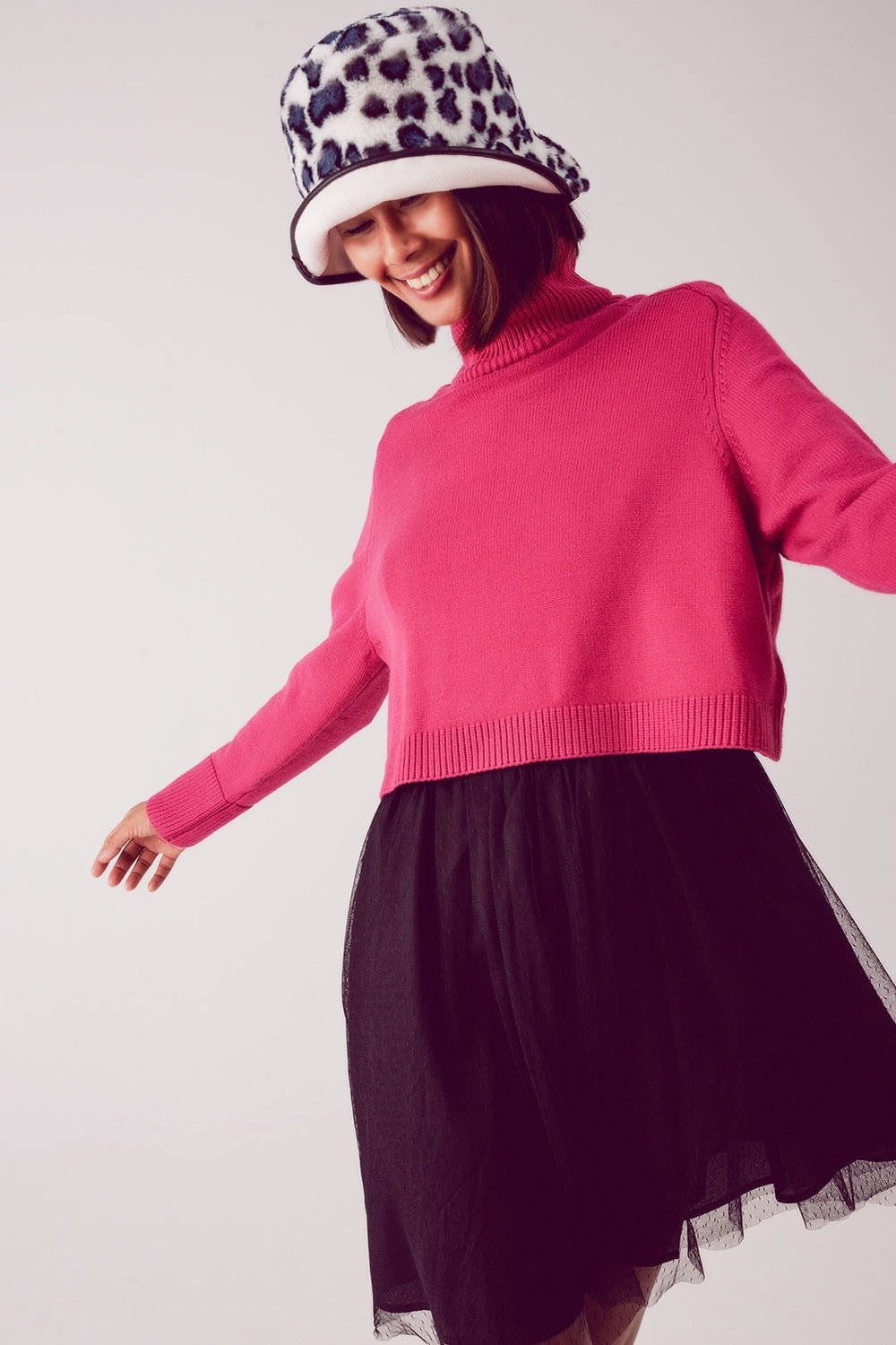 High neck cropped jumper in fuchsia Q2 Sweaters BoutiqueLua