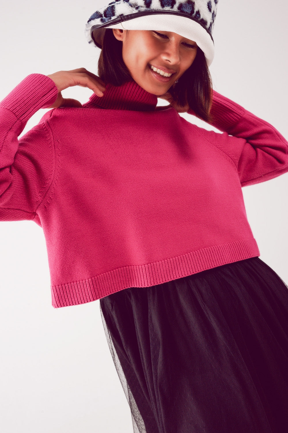 High neck cropped jumper in fuchsia Q2 Sweaters BoutiqueLua