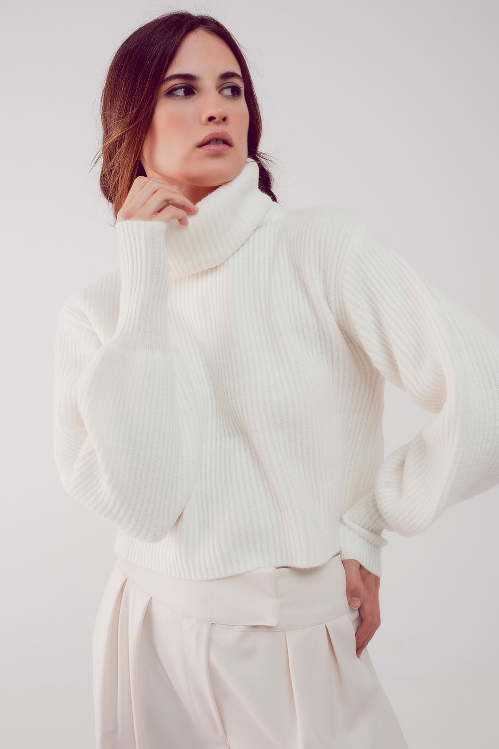 High neck jumper with balloon sleeve in cream Q2 Sweaters BoutiqueLua