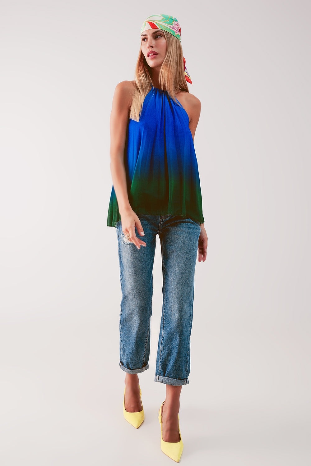 High neck pleat top in blue ombre - Tops