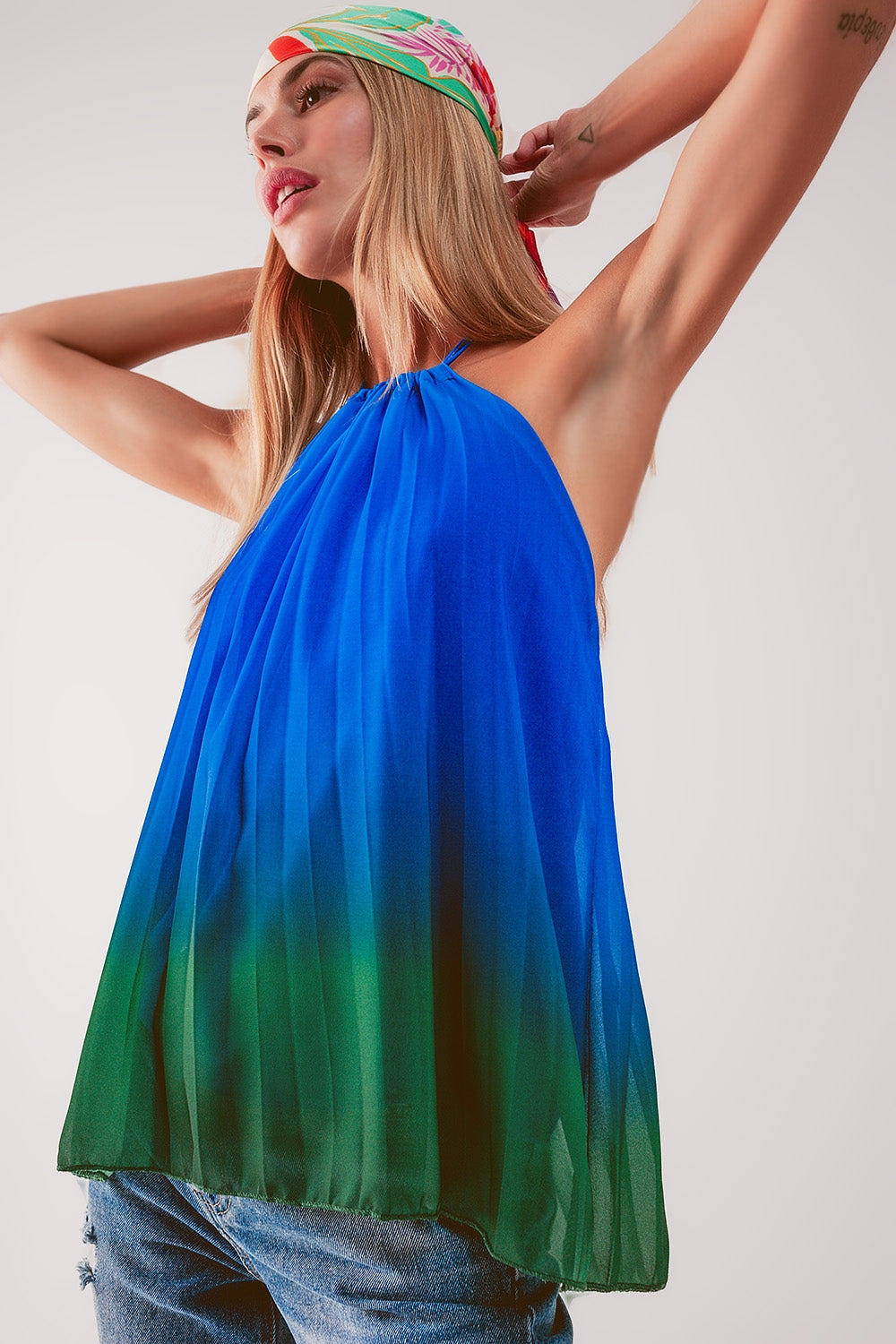 High neck pleat top in blue ombre - Tops