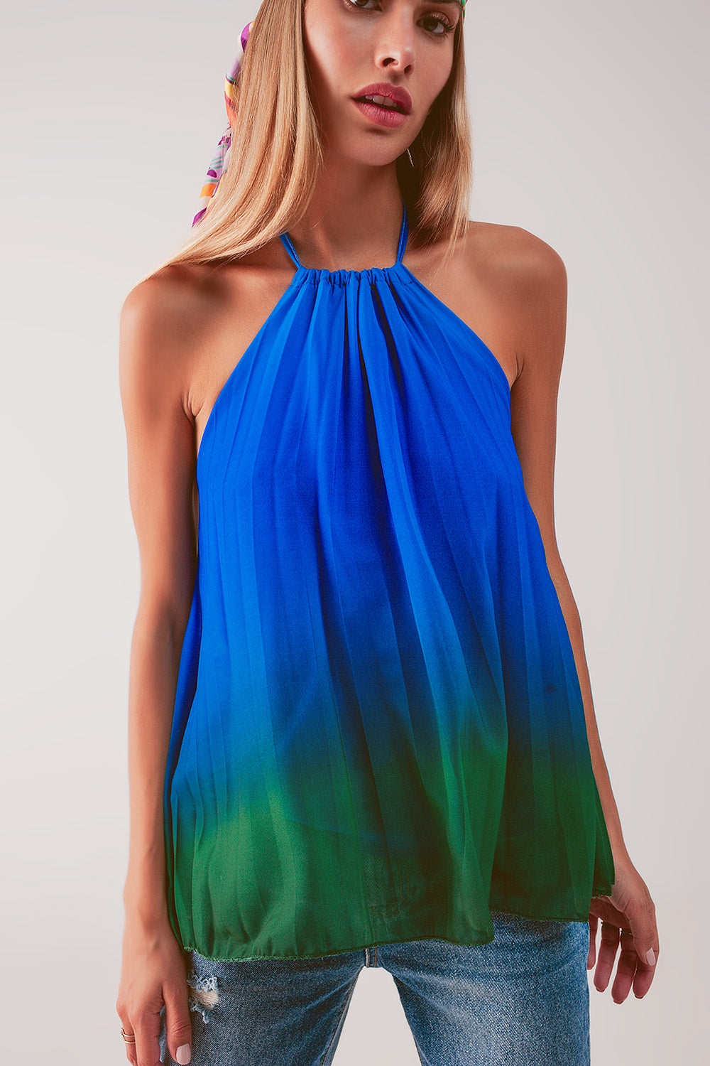 High neck pleat top in blue ombre - Tops