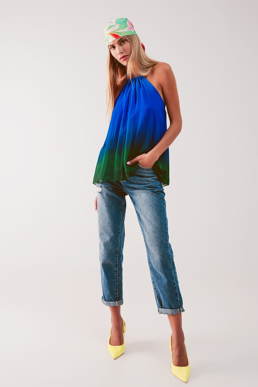 High neck pleat top in blue ombre - Tops