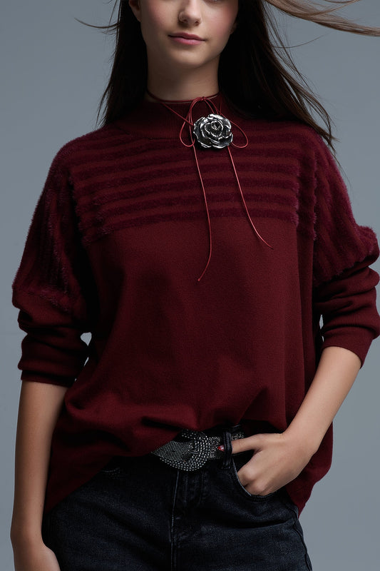 High Neck relaxed Sweater With Textured Stripes in Burgundy - Sweaters