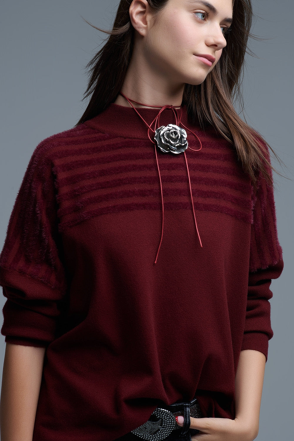 High Neck relaxed Sweater With Textured Stripes in Burgundy - Sweaters