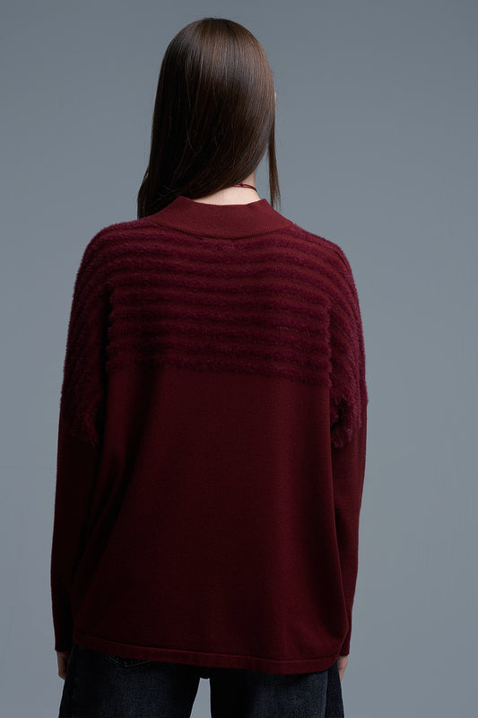 High Neck relaxed Sweater With Textured Stripes in Burgundy - Sweaters