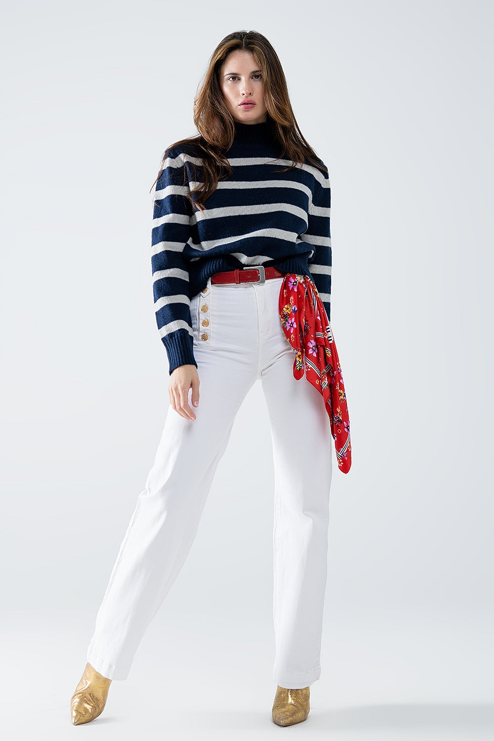 Pull rayé à col montant en bleu marine et gris