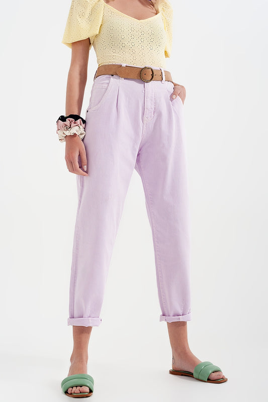 High rise mom jeans with pleat front in lilac - Jeans