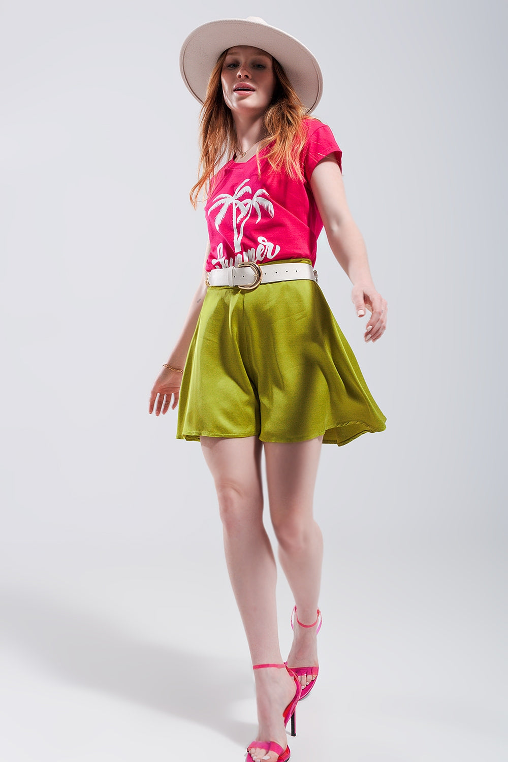 High rise satin shorts in lime green Q2 Pants BoutiqueLua