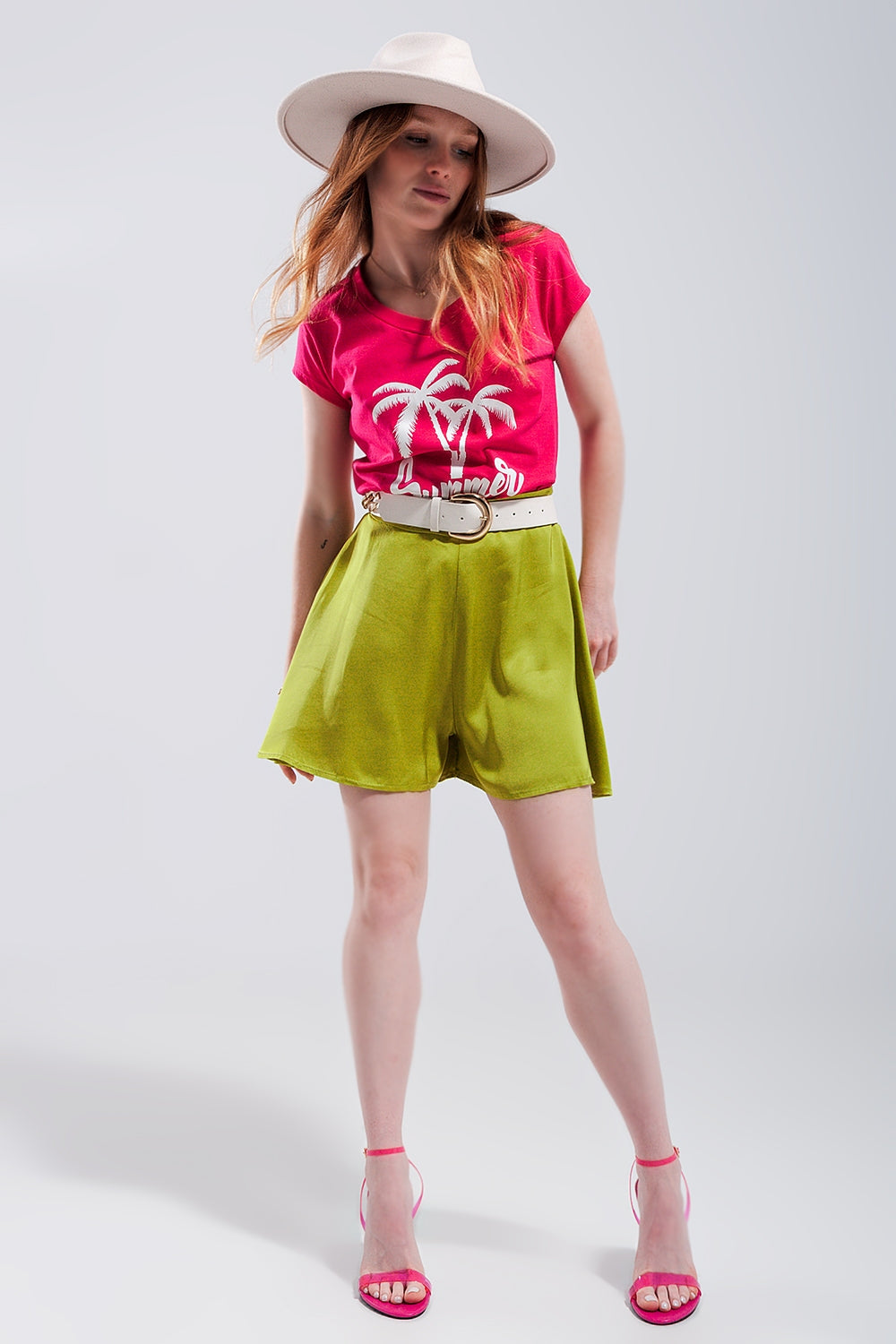 High rise satin shorts in lime green Q2 Pants BoutiqueLua