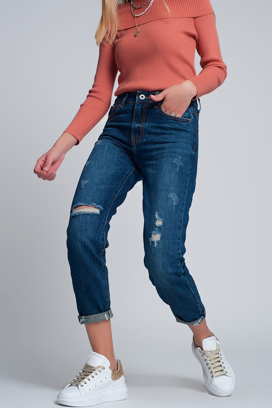 High rise slim mom jeans in blue wash with front rips - Jeans