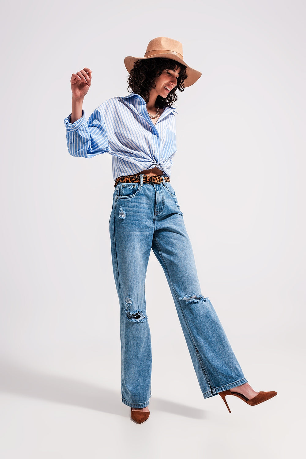High waist jeans with split hem in vintage wash - Jeans