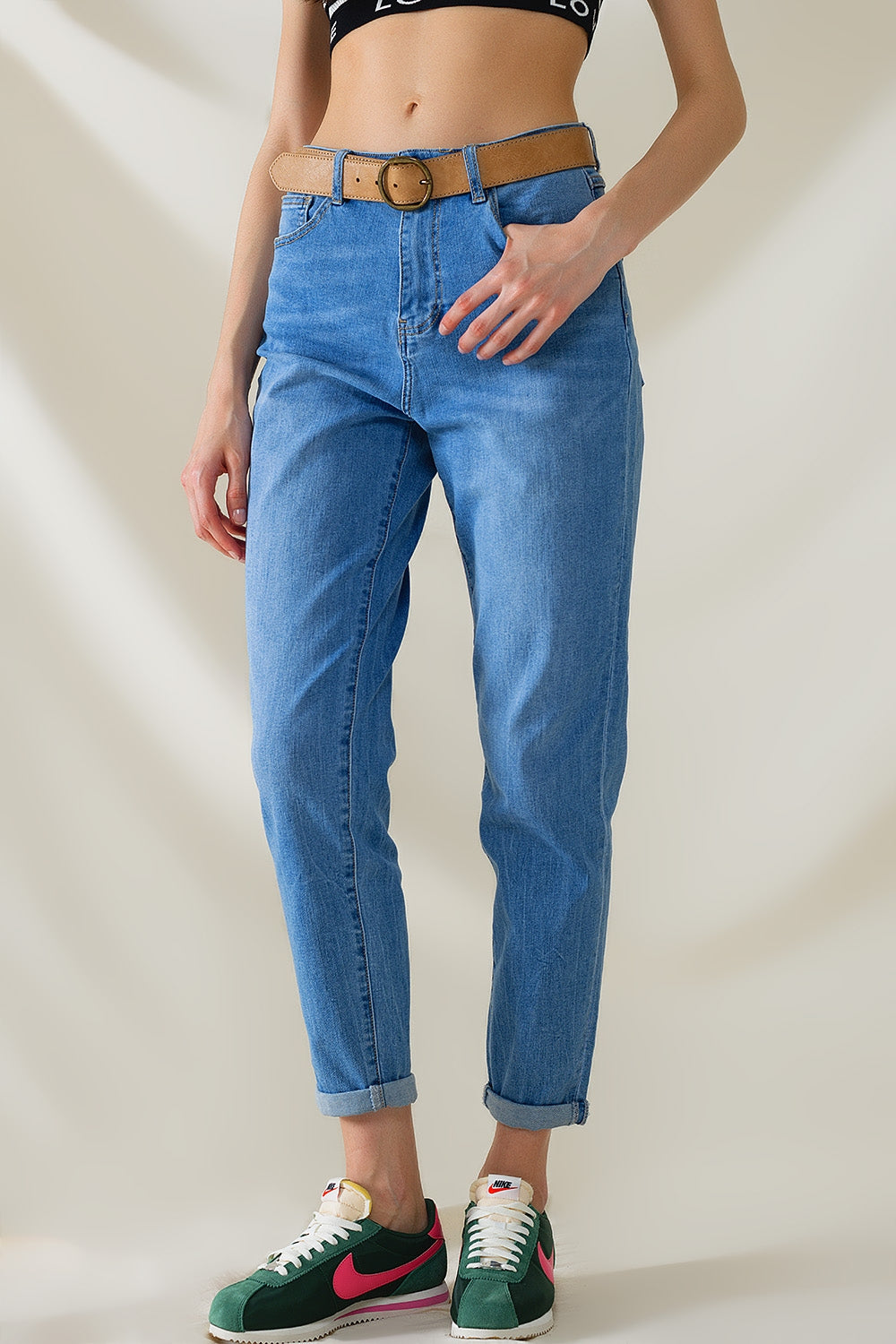 High Waist Mom Jeans In Mid Wash Stretch Denim Q2 Jeans BoutiqueLua