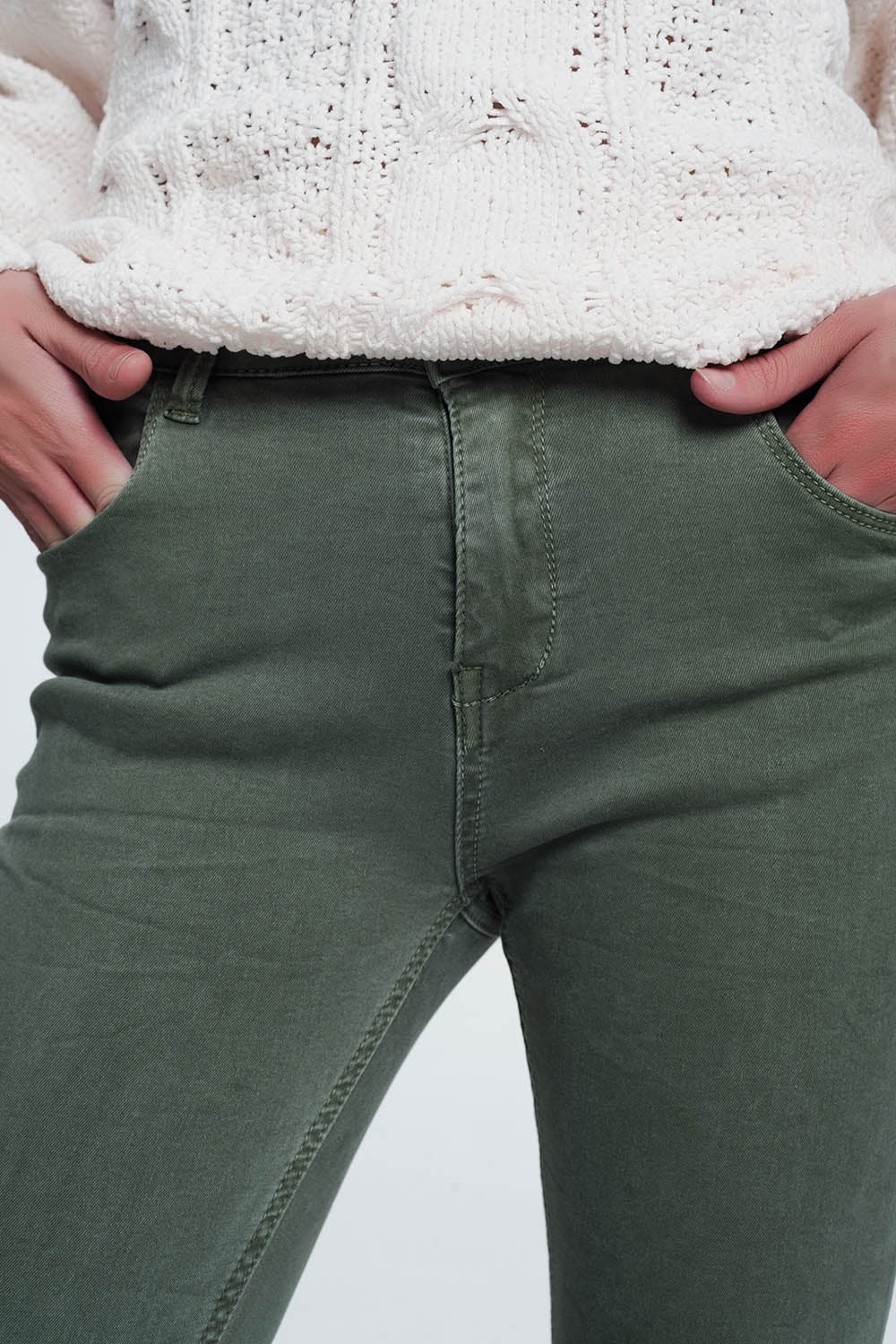 High Waist Skinny Jeans in Green with Pockets - Jeans